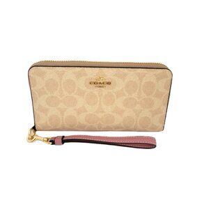 Coach CW778 Long Zip Around Wallet Signature Coated Canvas Sand Peony Clutch